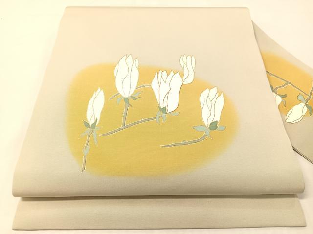 平和屋着物●塩瀬　九寸名古屋帯　駒刺繍　木蓮　金彩　正絹　逸品　CABI4394vp
