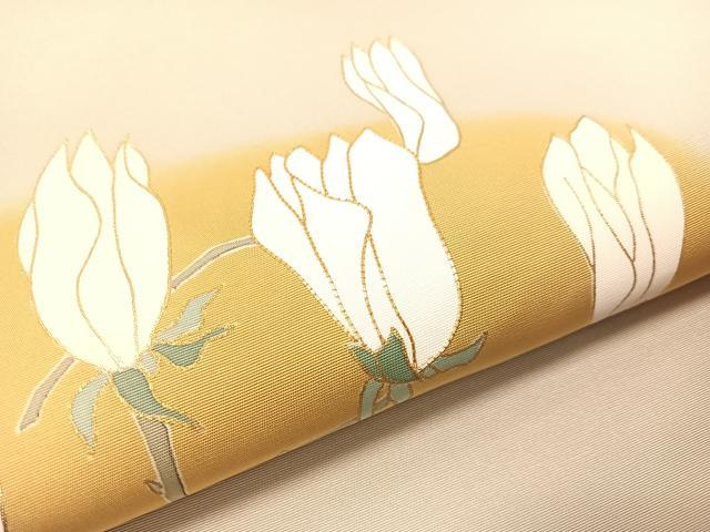 平和屋着物●塩瀬　九寸名古屋帯　駒刺繍　木蓮　金彩　正絹　逸品　CABI4394vp