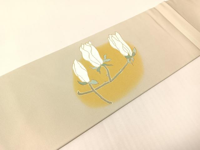 平和屋着物●塩瀬　九寸名古屋帯　駒刺繍　木蓮　金彩　正絹　逸品　CABI4394vp