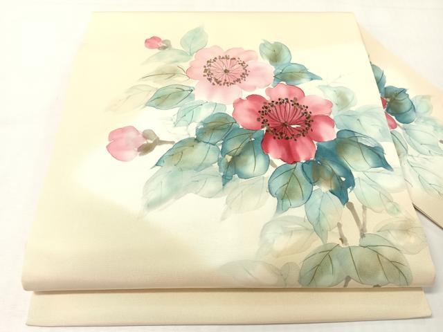 平和屋着物●塩瀬 九寸名古屋帯 作家物 手描き 枝花文 金彩 正絹 逸品 CABI4399vp