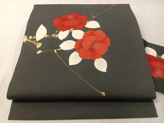 平和屋着物●塩瀬 九寸名古屋帯 手描き 枝椿 黒地 金彩 正絹 逸品 未使用 CABI4400vp