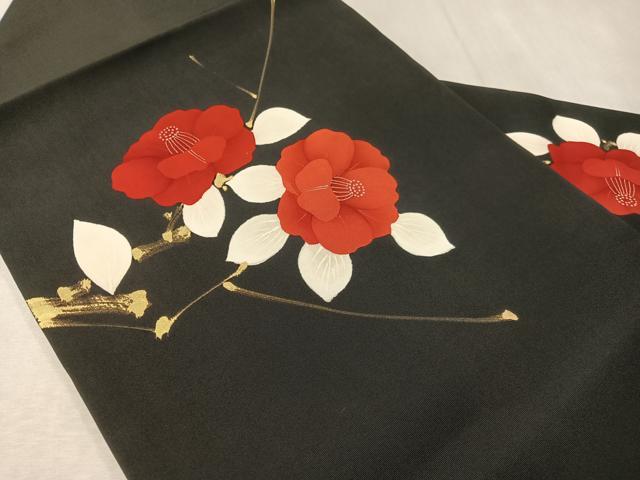 平和屋着物●塩瀬 九寸名古屋帯 手描き 枝椿 黒地 金彩 正絹 逸品 未使用 CABI4400vp