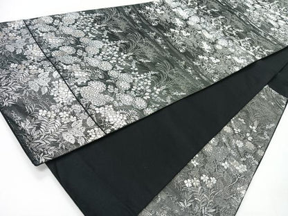 平和屋着物◎六通柄袋帯　草花文　黒地　銀糸　正絹　逸品　CABI4423nb