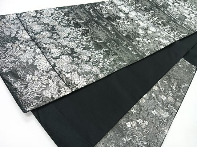 平和屋着物◎六通柄袋帯　草花文　黒地　銀糸　正絹　逸品　CABI4423nb
