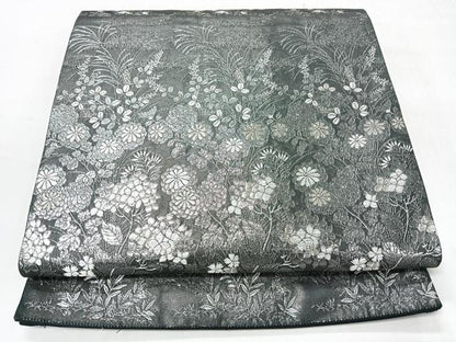 平和屋着物◎六通柄袋帯　草花文　黒地　銀糸　正絹　逸品　CABI4423nb