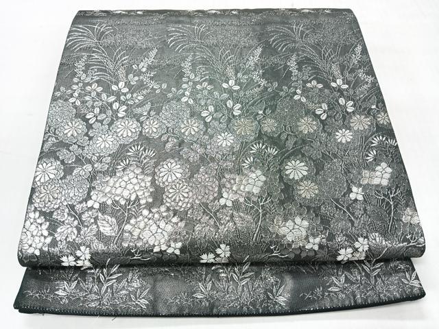 平和屋着物◎六通柄袋帯　草花文　黒地　銀糸　正絹　逸品　CABI4423nb