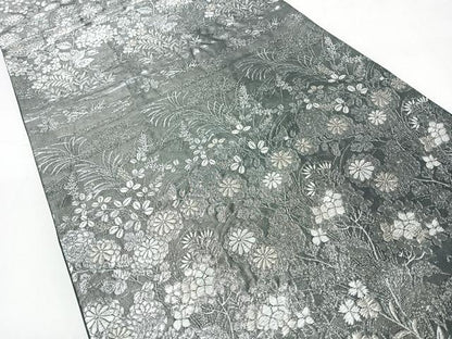 平和屋着物◎六通柄袋帯　草花文　黒地　銀糸　正絹　逸品　CABI4423nb