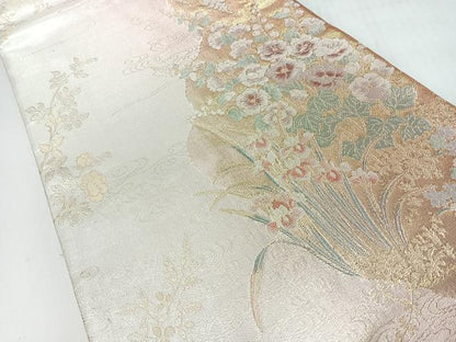 平和屋着物◎六通柄袋帯　流水草花文　金糸　正絹　逸品　未使用　CABI4424nb