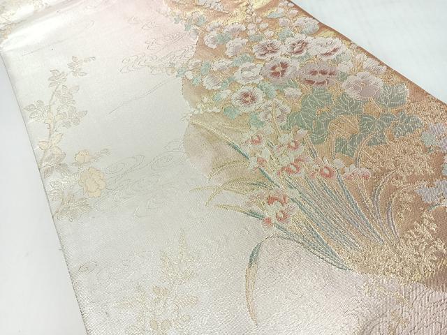 平和屋着物◎六通柄袋帯　流水草花文　金糸　正絹　逸品　未使用　CABI4424nb