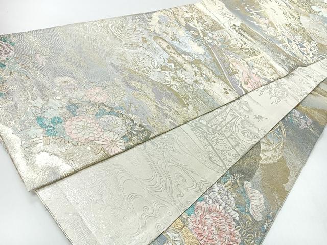 平和屋着物◎両面　全通柄袋帯　唐織　慶長重ね　御所車草花文　プラチナ箔　正絹　逸品　未使用　CABI4425nb