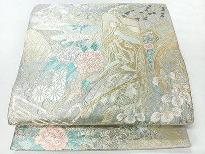 平和屋着物◎両面　全通柄袋帯　唐織　慶長重ね　御所車草花文　プラチナ箔　正絹　逸品　未使用　CABI4425nb
