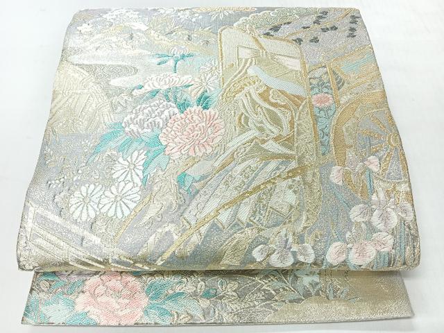 平和屋着物◎両面　全通柄袋帯　唐織　慶長重ね　御所車草花文　プラチナ箔　正絹　逸品　未使用　CABI4425nb