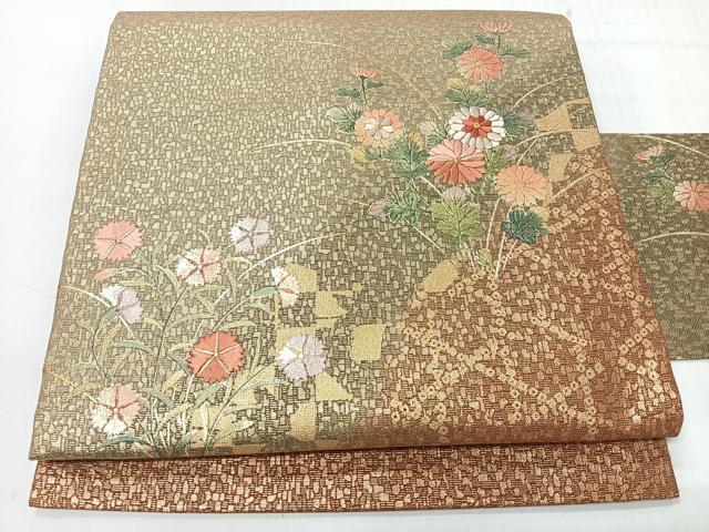 平和屋着物◎九寸名古屋帯　刺繍　草花文　金銀彩　正絹　逸品　CABI4433nb