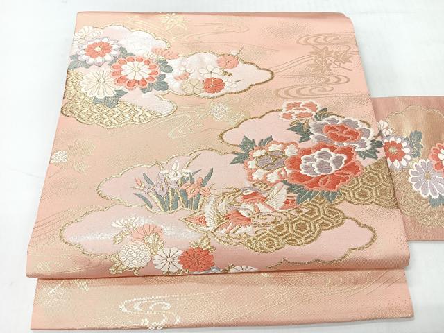 平和屋着物◎九寸名古屋帯　唐織　雲取り流水花鳥文　金糸　正絹　逸品　CABI4435nb