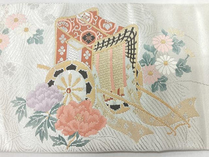平和屋着物◎九寸名古屋帯　御所車流水草花文　純金二重箔　やまと誂製　正絹　逸品　CABI4436nb