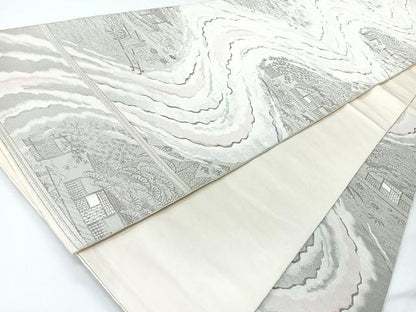 平和屋着物◎西陣　服部織物謹製　六通柄袋帯　流水風景文　プラチナ箔　本銀糸　正絹　逸品　CABI4438nb
