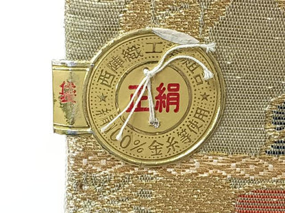 平和屋着物◎西陣　六通柄袋帯　草花文　金糸　証紙付き　正絹　逸品　CABI4463nb