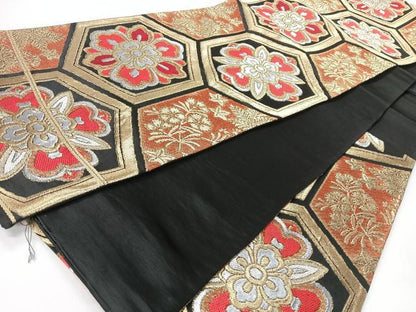 平和屋着物◎六通柄袋帯　亀甲花文　黒地　金銀糸　正絹　逸品　CABI4464nb