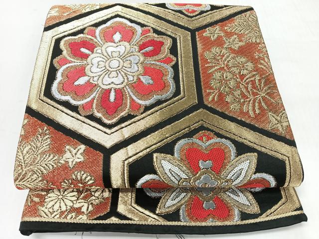 平和屋着物◎六通柄袋帯　亀甲花文　黒地　金銀糸　正絹　逸品　CABI4464nb