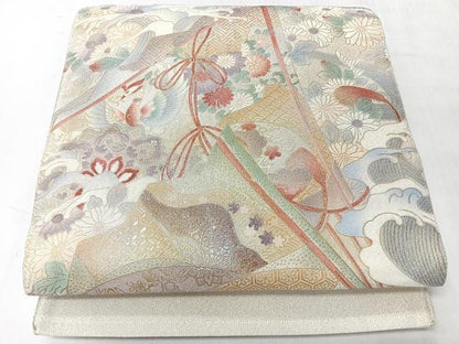 平和屋着物◎太鼓柄袋帯　立波花鳥文　銀糸　正絹　逸品　CABI4469nb
