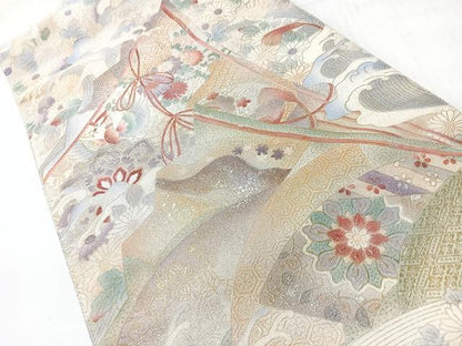 平和屋着物◎太鼓柄袋帯　立波花鳥文　銀糸　正絹　逸品　CABI4469nb