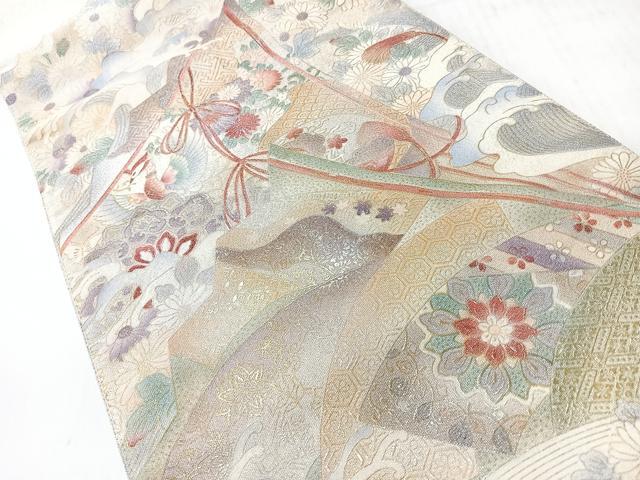 平和屋着物◎太鼓柄袋帯　立波花鳥文　銀糸　正絹　逸品　CABI4469nb