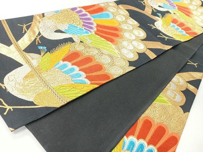 平和屋着物◎六通柄袋帯　唐織　孔雀文　黒地　金銀糸　正絹　逸品　CABI4474nb