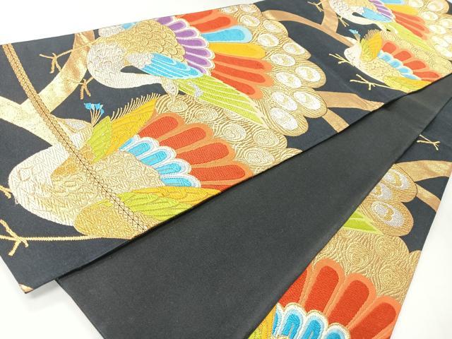 平和屋着物◎六通柄袋帯　唐織　孔雀文　黒地　金銀糸　正絹　逸品　CABI4474nb