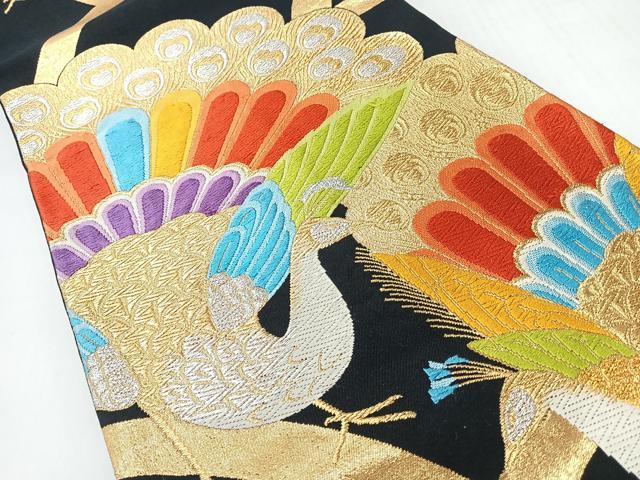 平和屋着物◎六通柄袋帯　唐織　孔雀文　黒地　金銀糸　正絹　逸品　CABI4474nb