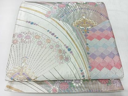 平和屋着物◎六通柄袋帯　扇面草花文　金銀糸　正絹　逸品　CABI4510nb