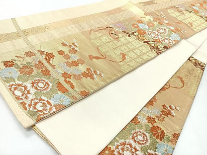 平和屋着物◎六通柄袋帯　唐織　雲取り亀甲花車文　金糸　正絹　逸品　CABI4536nb