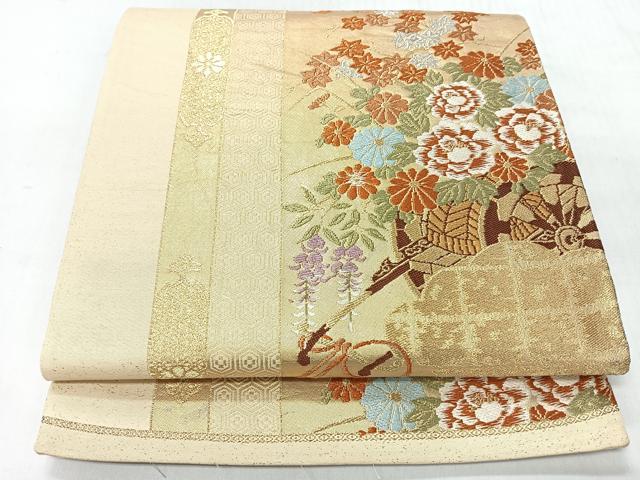 平和屋着物◎六通柄袋帯　唐織　雲取り亀甲花車文　金糸　正絹　逸品　CABI4536nb
