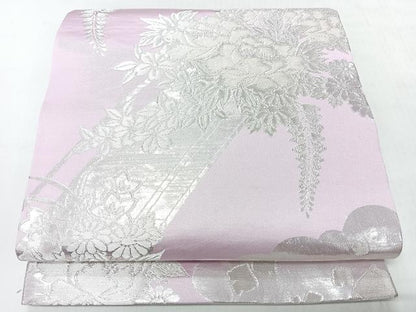 平和屋着物◎両面　全通柄袋帯　渡り橋草花文　銀糸　正絹　逸品　CABI4537nb