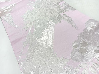 平和屋着物◎両面　全通柄袋帯　渡り橋草花文　銀糸　正絹　逸品　CABI4537nb