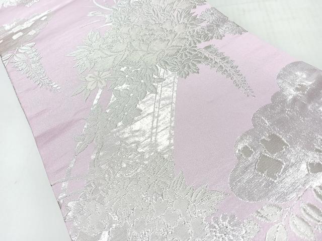平和屋着物◎両面　全通柄袋帯　渡り橋草花文　銀糸　正絹　逸品　CABI4537nb