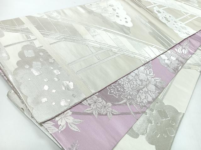 平和屋着物◎両面　全通柄袋帯　渡り橋草花文　銀糸　正絹　逸品　CABI4537nb