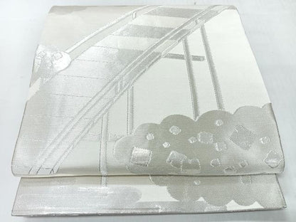 平和屋着物◎両面　全通柄袋帯　渡り橋草花文　銀糸　正絹　逸品　CABI4537nb