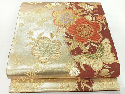 平和屋着物◎全通柄袋帯　舞蝶文　金糸　正絹　逸品　未使用　CABI4543nb
