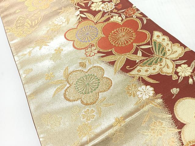 平和屋着物◎全通柄袋帯　舞蝶文　金糸　正絹　逸品　未使用　CABI4543nb
