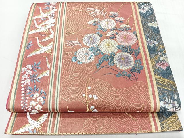 平和屋着物◎六通柄袋帯　唐織　流水飛鶴草花文　金糸　正絹　逸品　CABI4547nb
