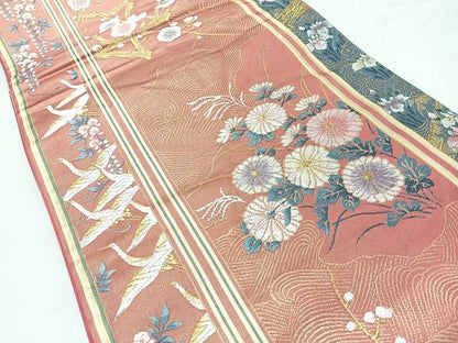 平和屋着物◎六通柄袋帯　唐織　流水飛鶴草花文　金糸　正絹　逸品　CABI4547nb