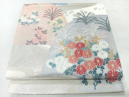 平和屋着物◎六通柄袋帯　流水草花文　金銀糸　正絹　逸品　CABI4555nb