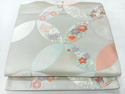 平和屋着物◎六通柄袋帯　唐織　七宝草花文　銀糸　正絹　逸品　CABI4561nb