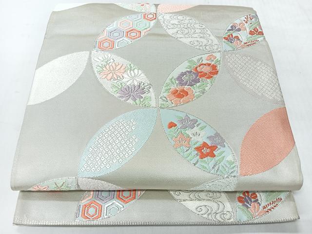 平和屋着物◎六通柄袋帯　唐織　七宝草花文　銀糸　正絹　逸品　CABI4561nb