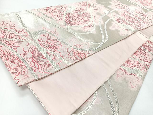 平和屋着物◎六通柄袋帯　結び紐牡丹文　銀糸　正絹　逸品　CABI4564nb