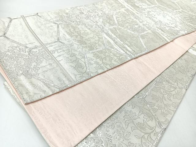 平和屋着物◎両面　六通柄袋帯　唐織　亀甲更紗花文　銀糸　正絹　逸品　CABI4566nb