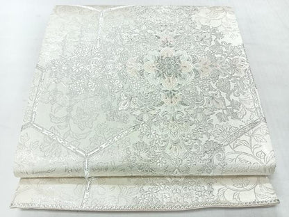 平和屋着物◎両面　六通柄袋帯　唐織　亀甲更紗花文　銀糸　正絹　逸品　CABI4566nb