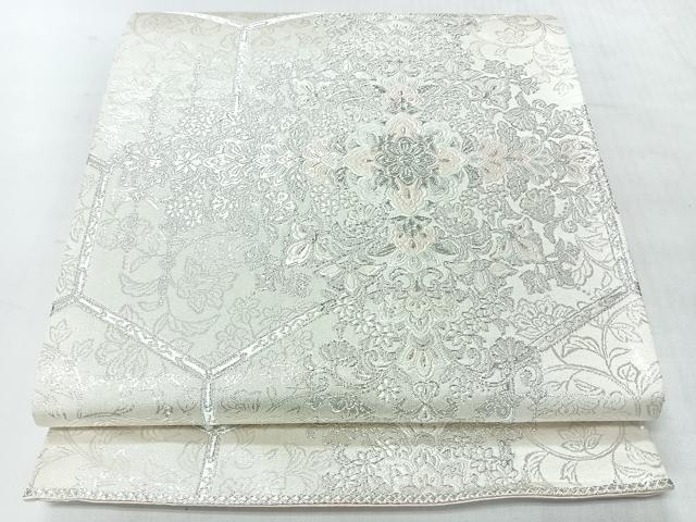 平和屋着物◎両面　六通柄袋帯　唐織　亀甲更紗花文　銀糸　正絹　逸品　CABI4566nb