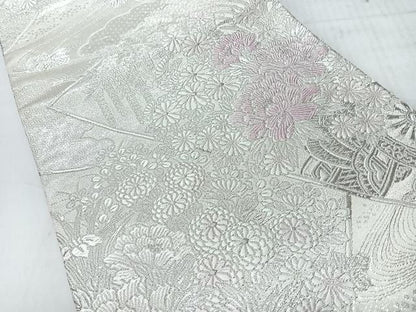 平和屋着物◎両面　六通柄袋帯　唐織　吉祥流水花調文　銀糸　正絹　逸品　CABI4567nb