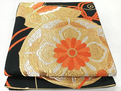 平和屋着物◎六通柄袋帯　唐織　鏡裏舞蝶文　黒地　金銀糸　正絹　逸品　CABI4574nb